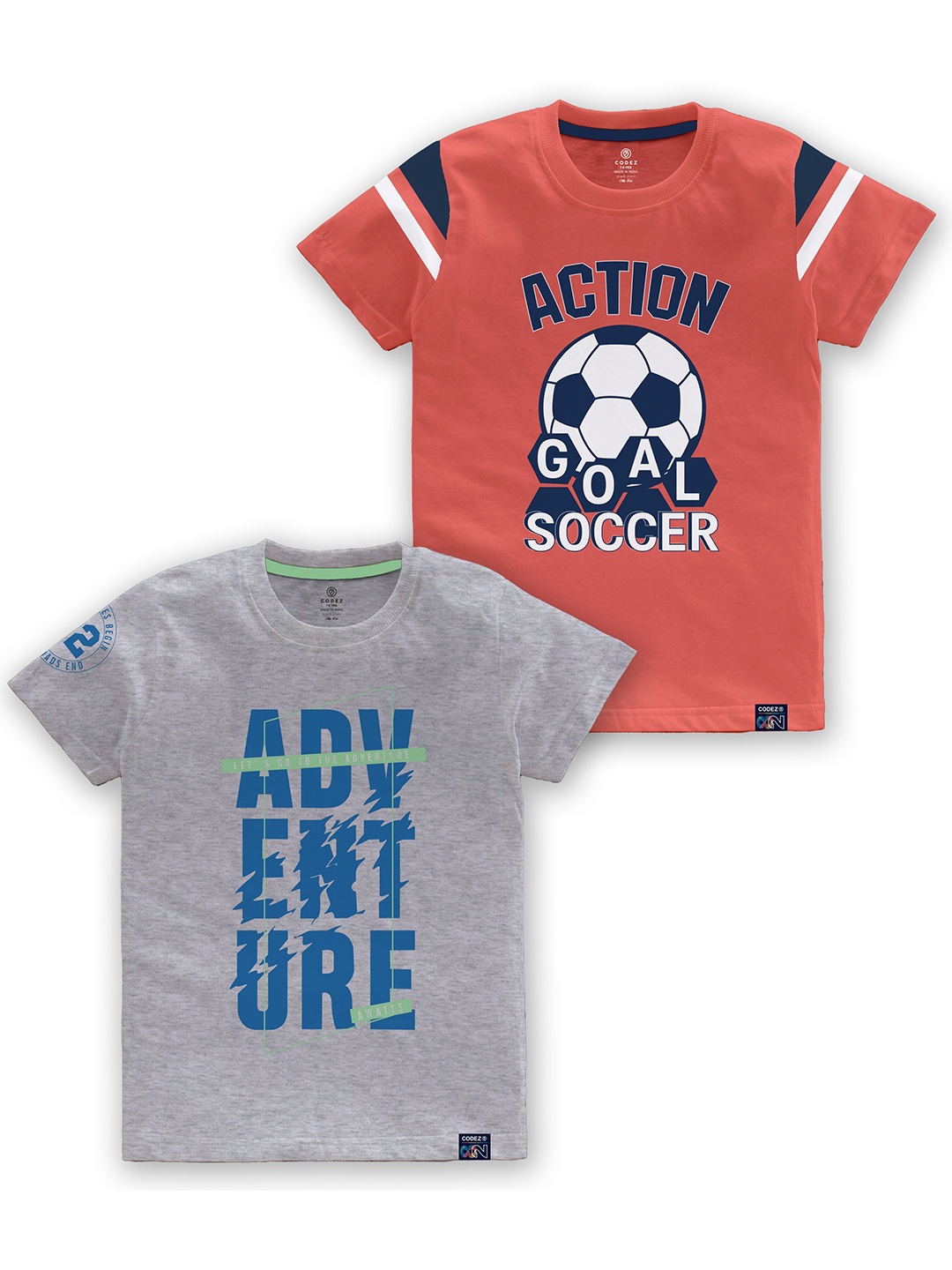 CODEZ Boys Pack Of 2 Typography Printed Round Neck Cotton T-shirt, Grey