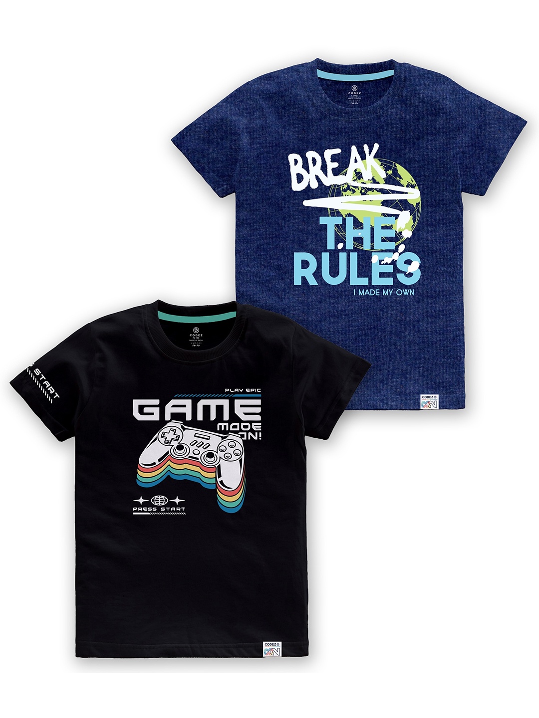 

CODEZ Boys Pack Of 2 Typography Printed Round Neck Cotton T-shirt, Blue