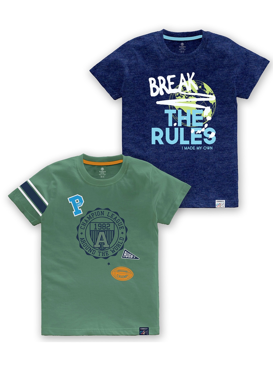 

CODEZ Boys Pack of 2 Typography Printed Cotton T-shirts, Green