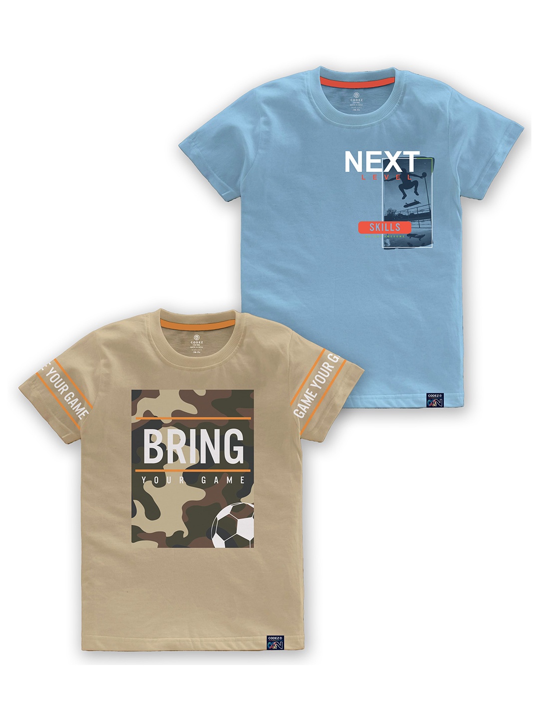 

CODEZ Boys Pack of 2 Typography Printed Cotton T-shirts, Beige