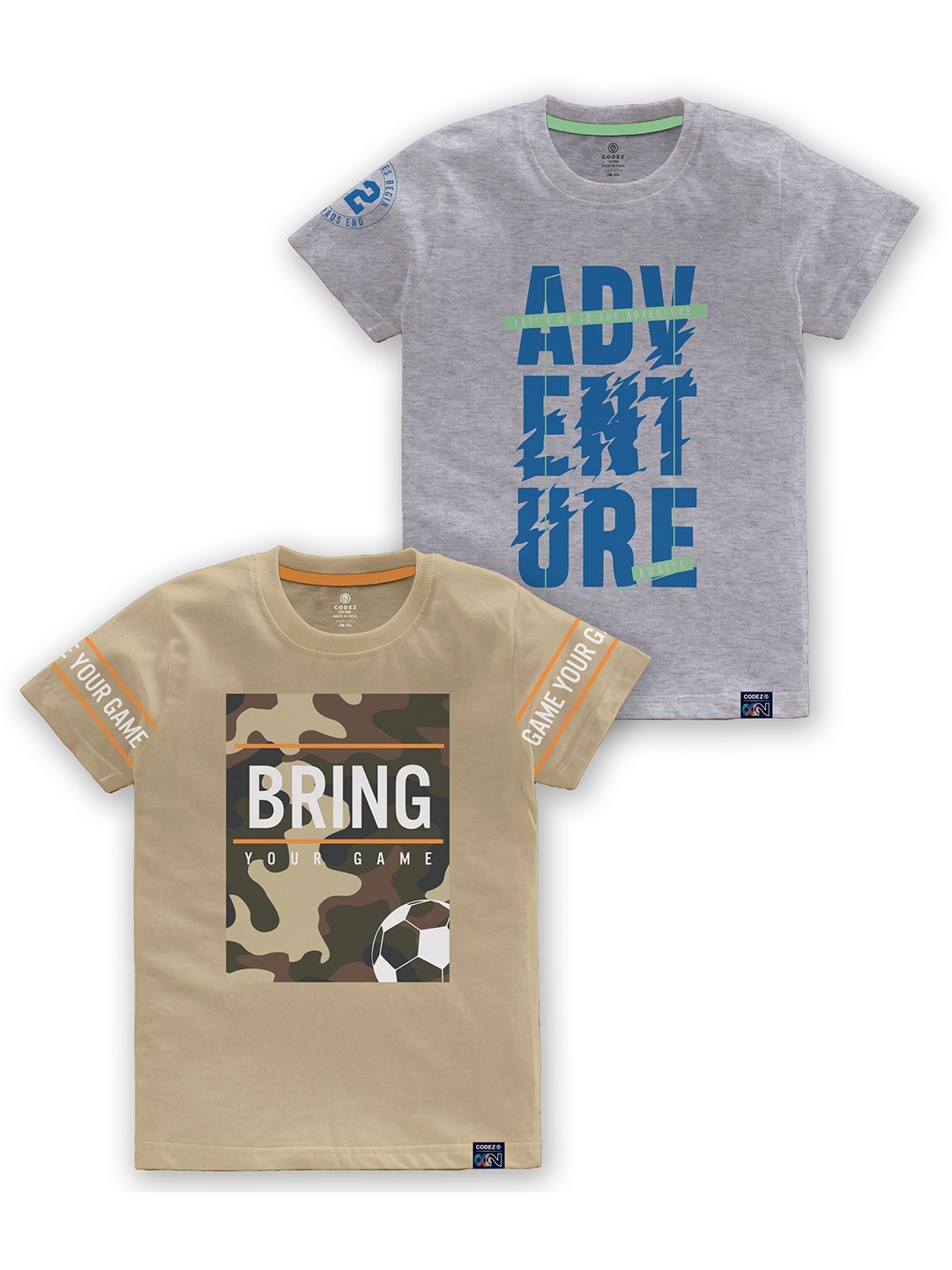 

CODEZ Boys Pack Of 2 Typography Printed Round Neck Cotton T-shirt, Beige