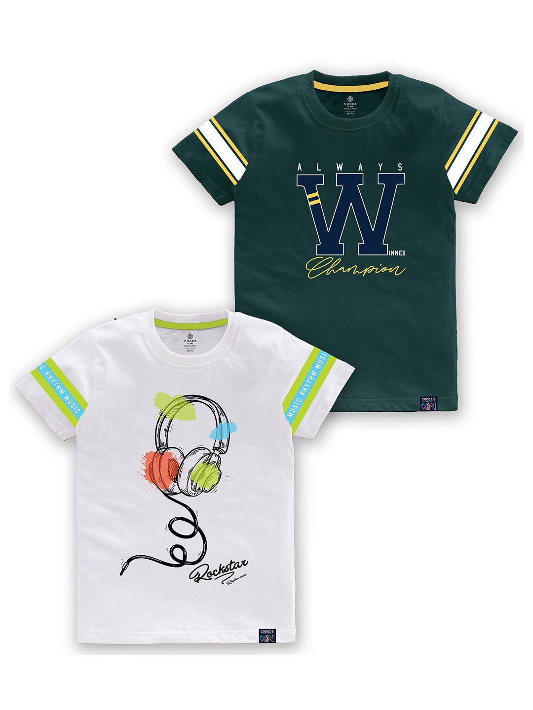 

CODEZ Boys Pack Of 2 Typography Printed Round Neck Cotton T-shirt, Off white