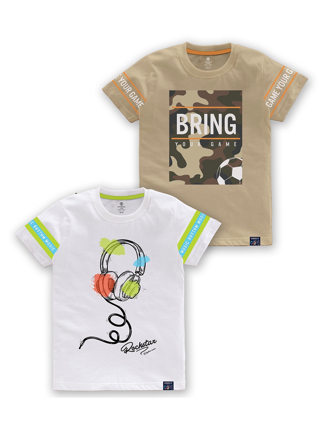 

CODEZ Boys Pack Of 2 Graphic Printed Cotton T-shirts, Beige