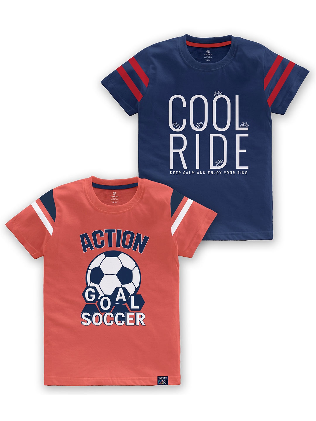 

CODEZ Boys Pack Of 2 Typography Printed Round Neck Cotton T-shirt, Navy blue