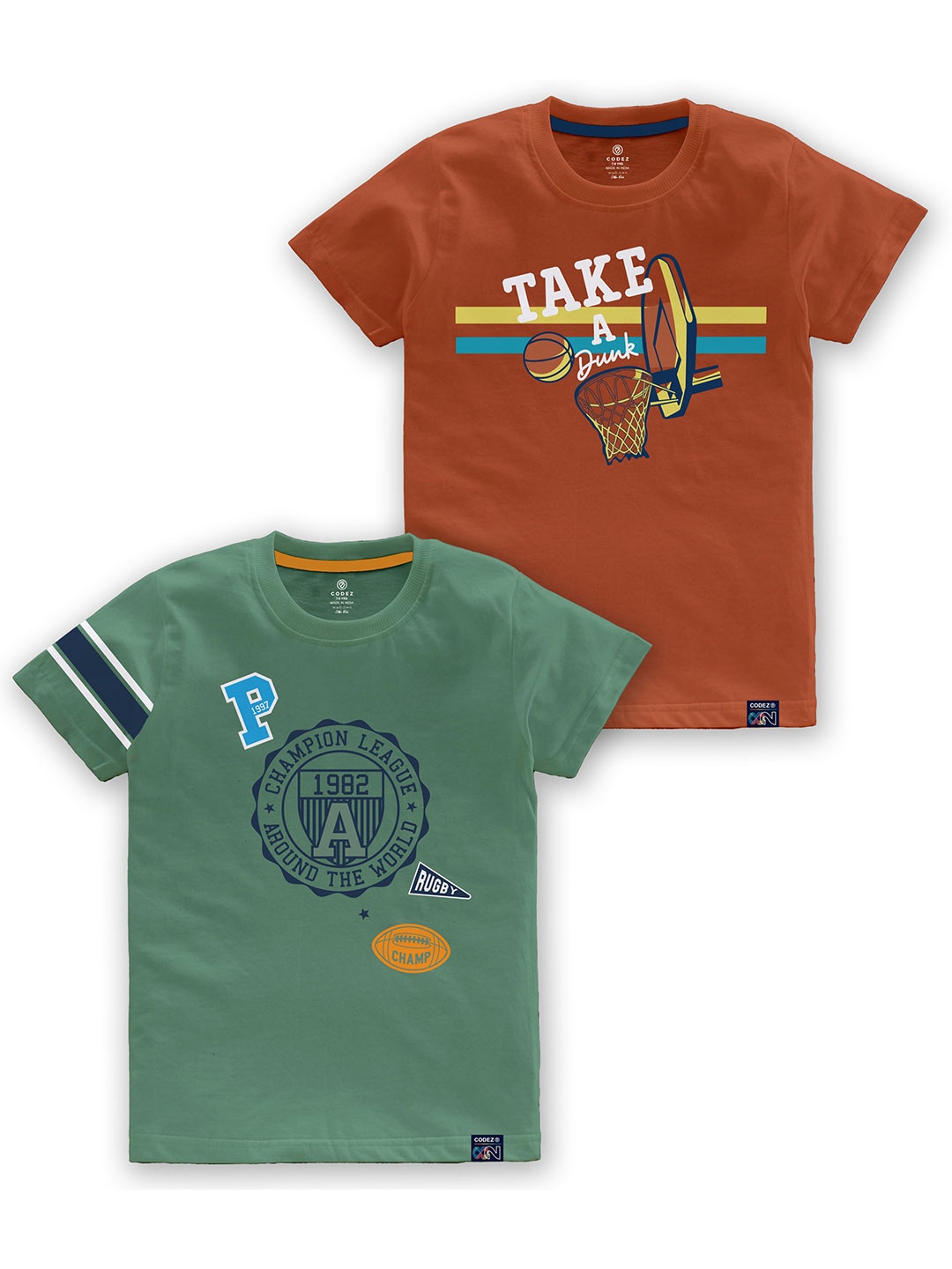 

CODEZ Boys Pack Of 2 Typography Printed Cotton T-shirt, Olive