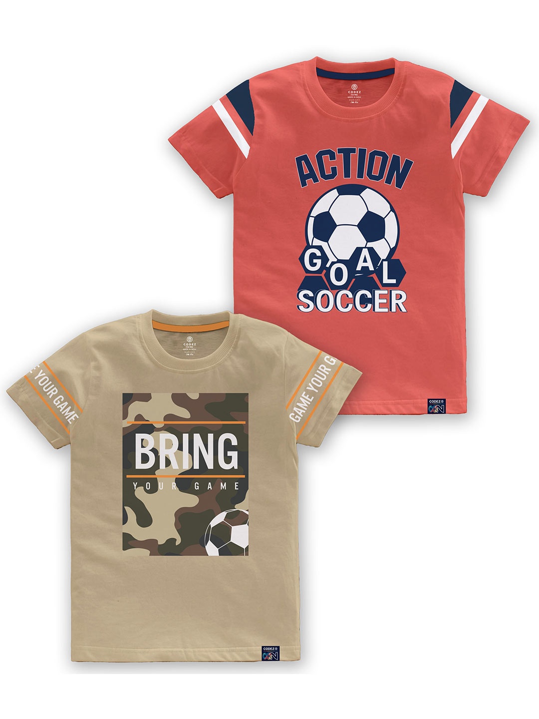 

CODEZ Boys Pack Of 2 Typography Printed Round Neck Cotton T-shirt, Beige