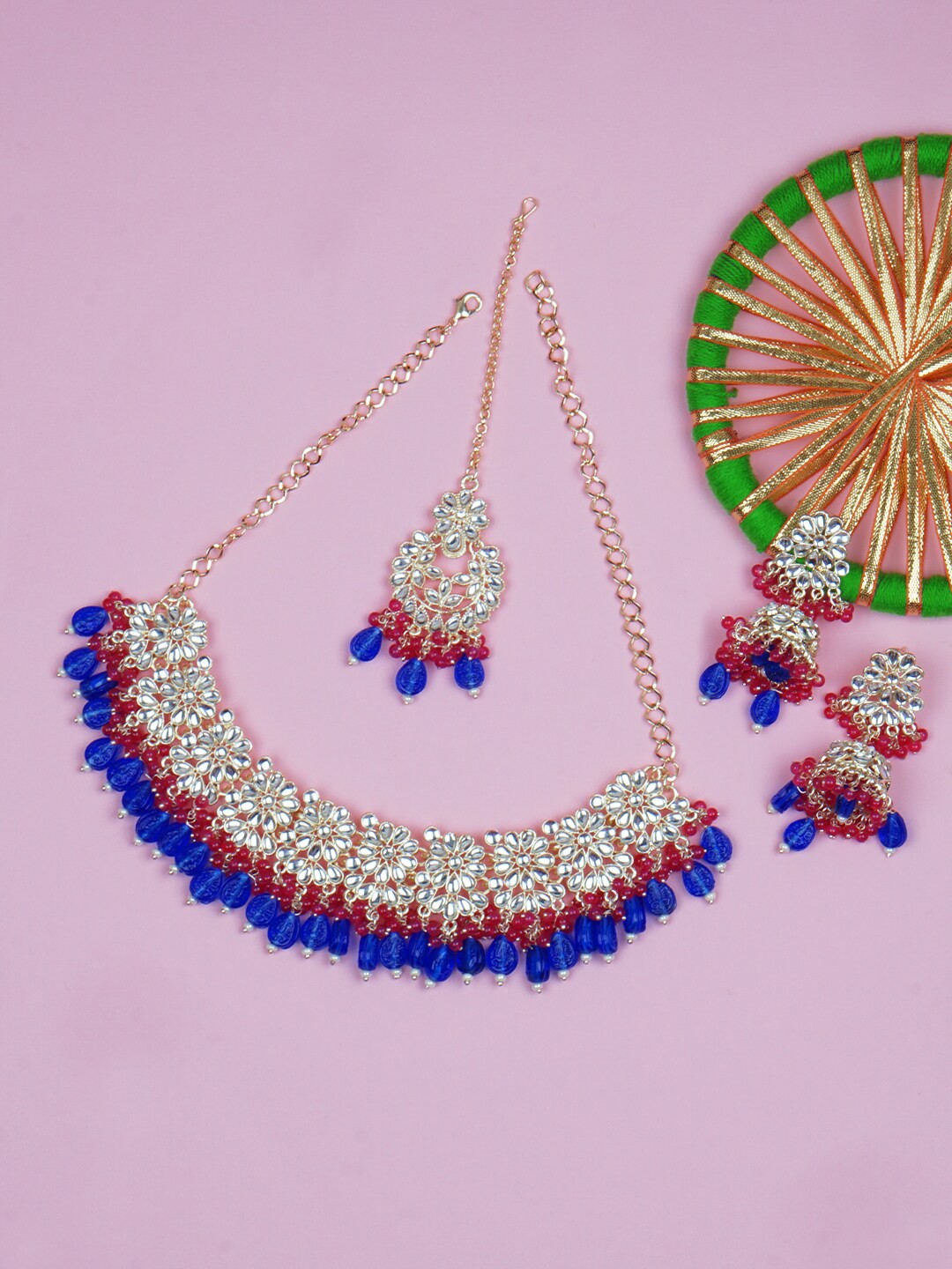 

Matushri Art Gold-Plated Kundan Necklace & Earrings With Maang Tika
