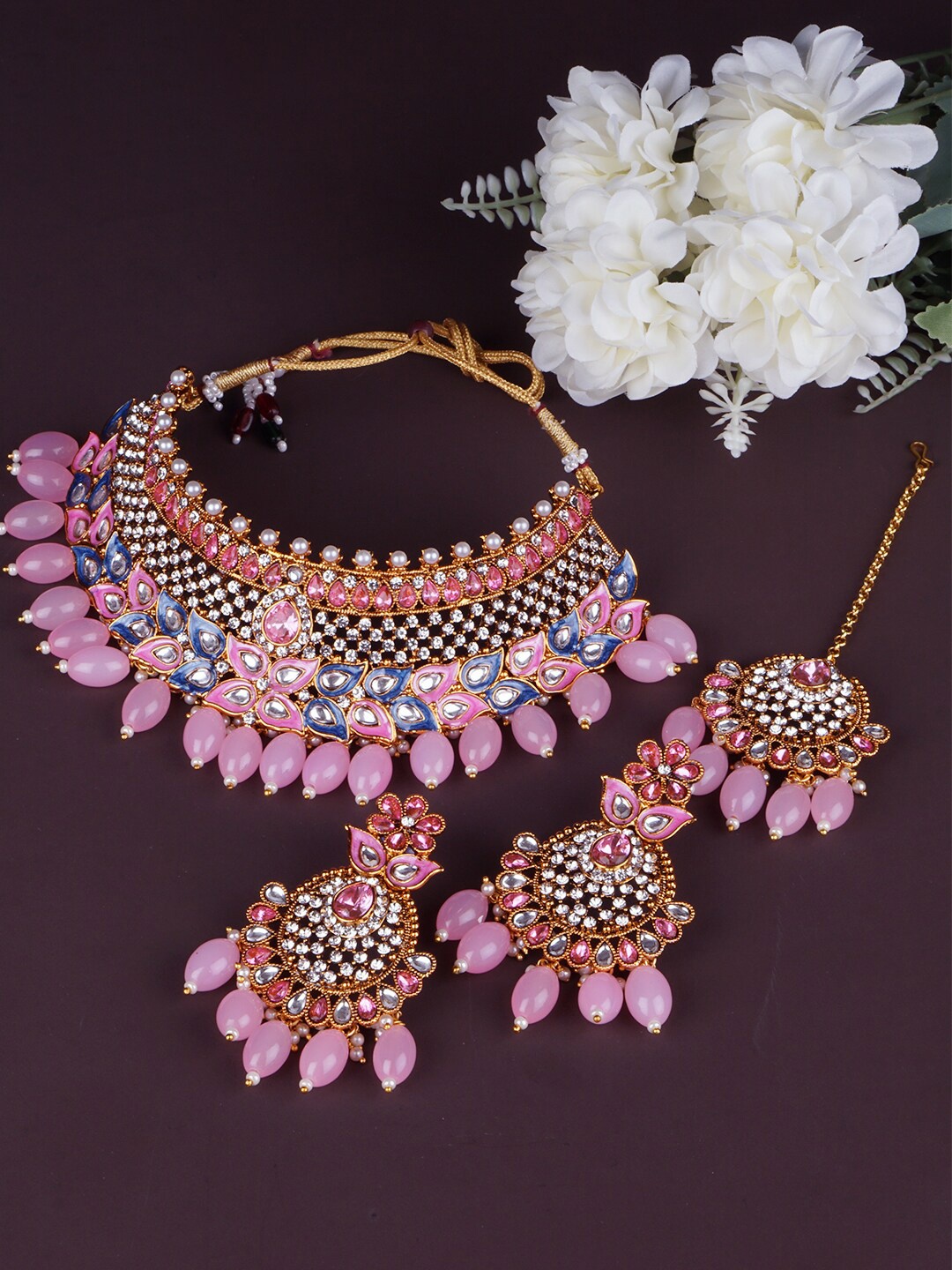 

Matushri Art Gold-Plated Pink Kundan Choker Necklace Set