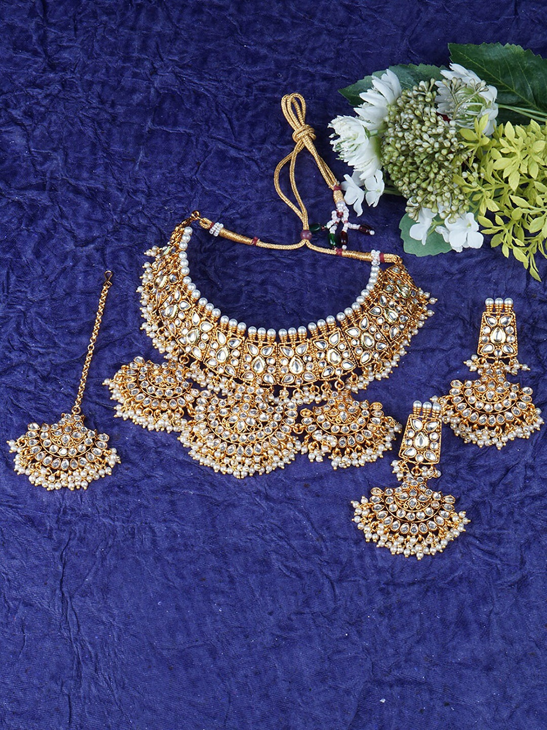 

Matushri Art Gold-Plated Kundan-Studded Necklace & Earrings With Maang Tika Jewellery Set