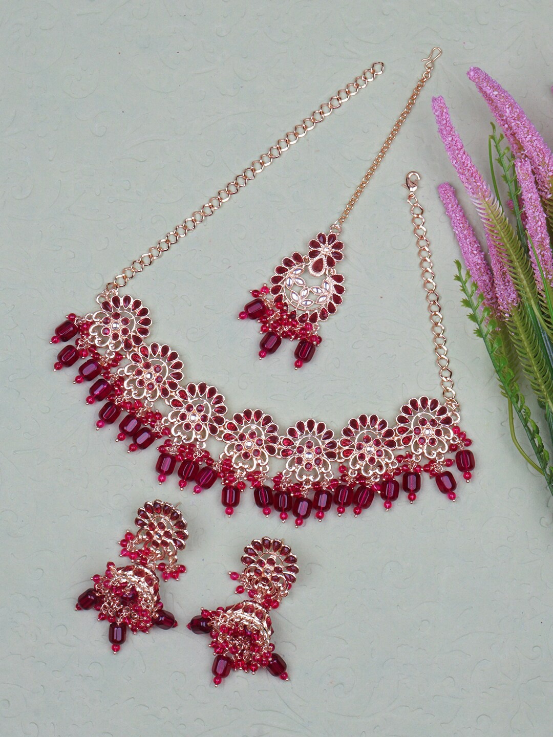 

Matushri Art Gold-Plated Kundan Necklace & Earrings With Maang Tika