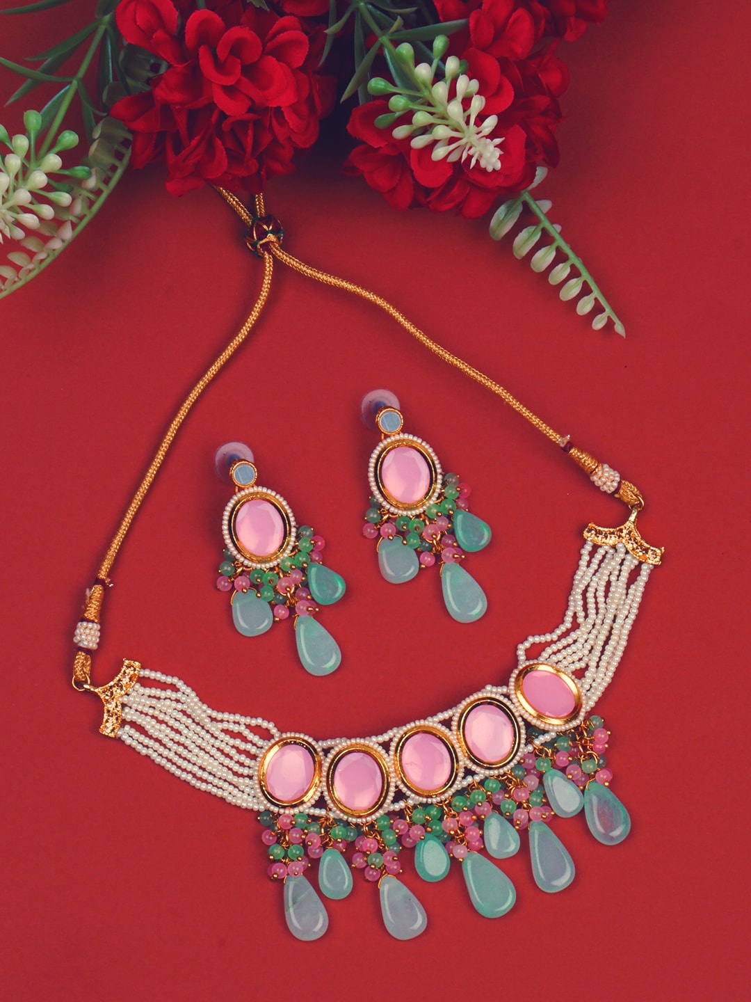 

Matushri Art Gold-Plated Kundan Necklace & Earrings