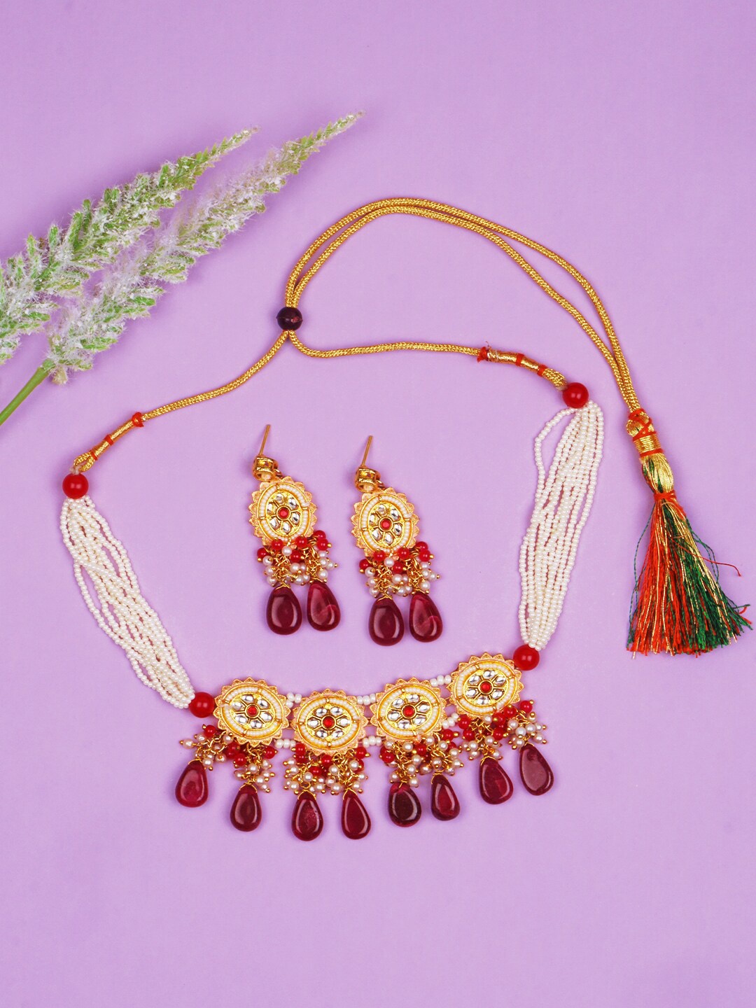 

Matushri Art Gold-Plated Kundan Choker Necklace & Earrings