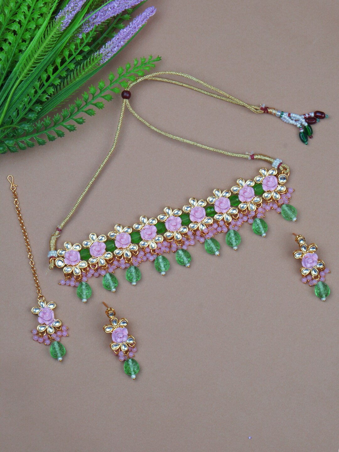 

Matushri Art Gold-Plated Green & Pink Kundan Choker Necklace & Earrings With Maang Tika