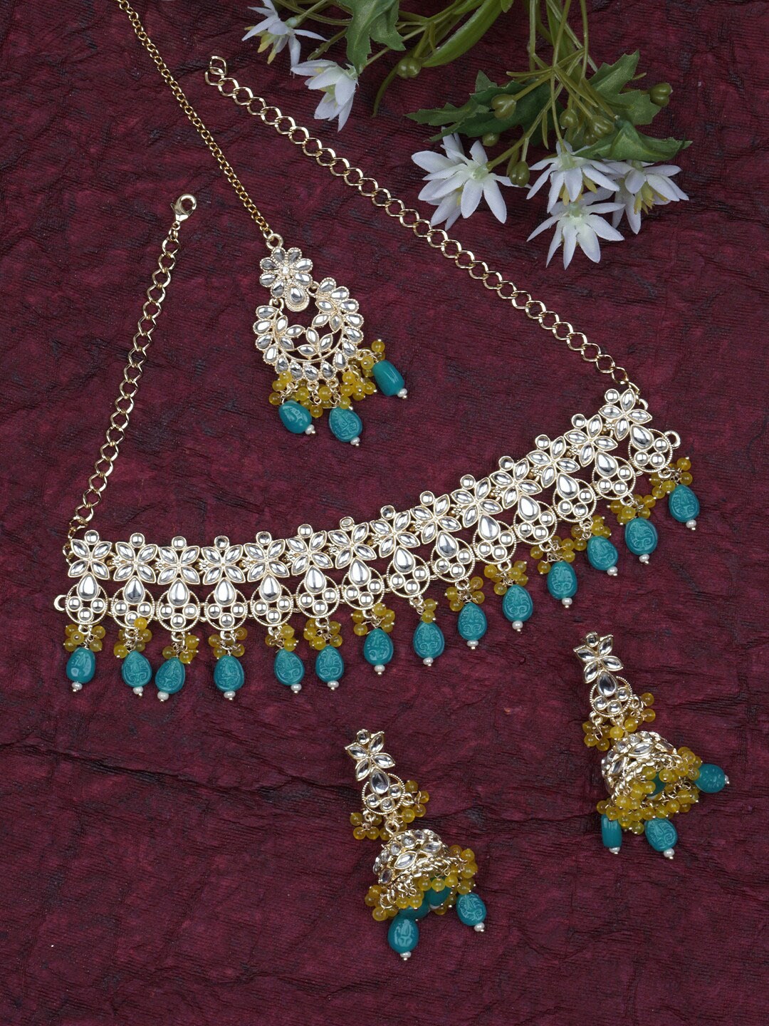 

Matushri Art Gold-Plated Kundan Necklace & Earrings With Maang Tika