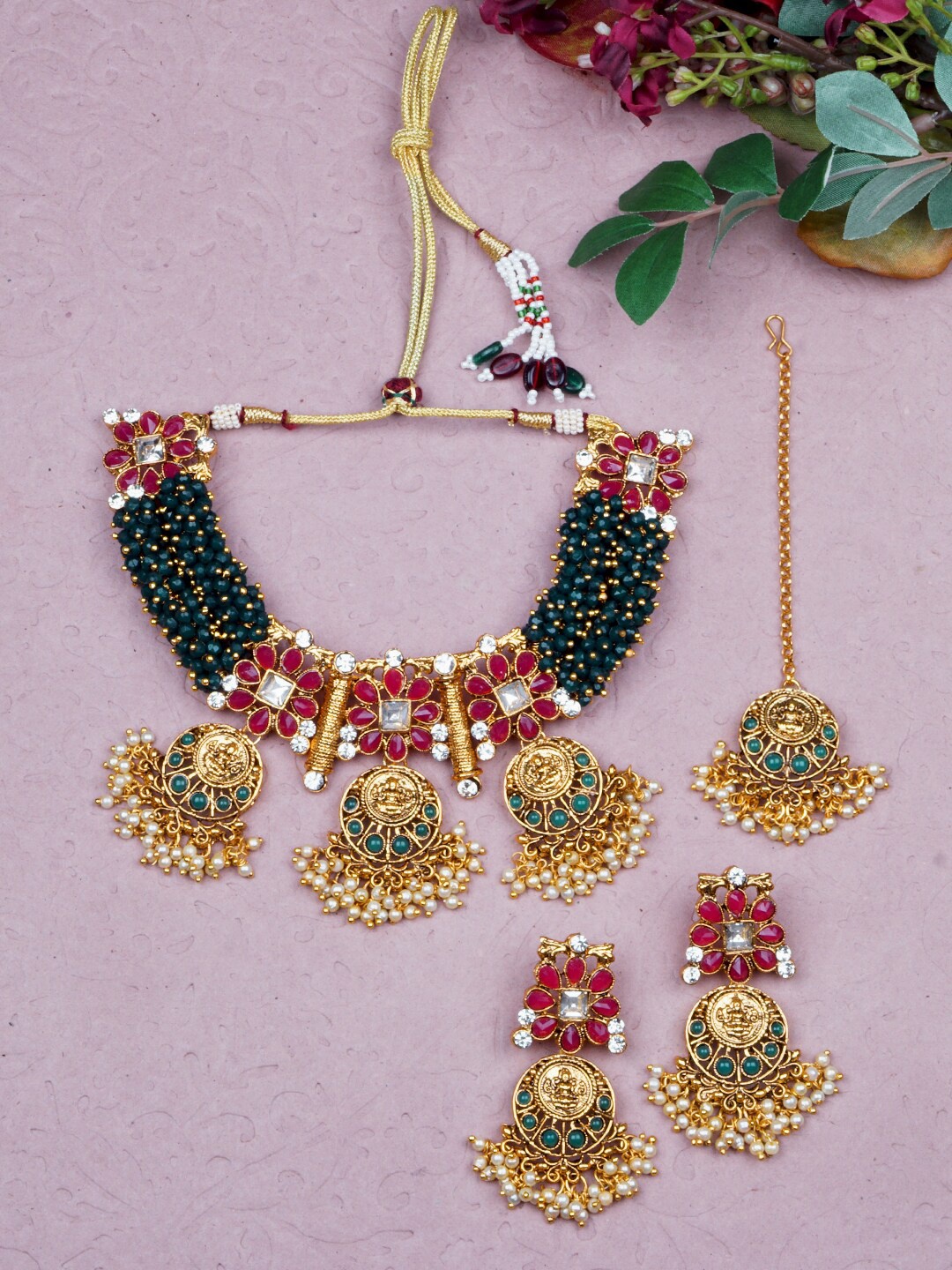 

Matushri Art Gold-Plated Kundan Necklace & Earrings With Maang Tika