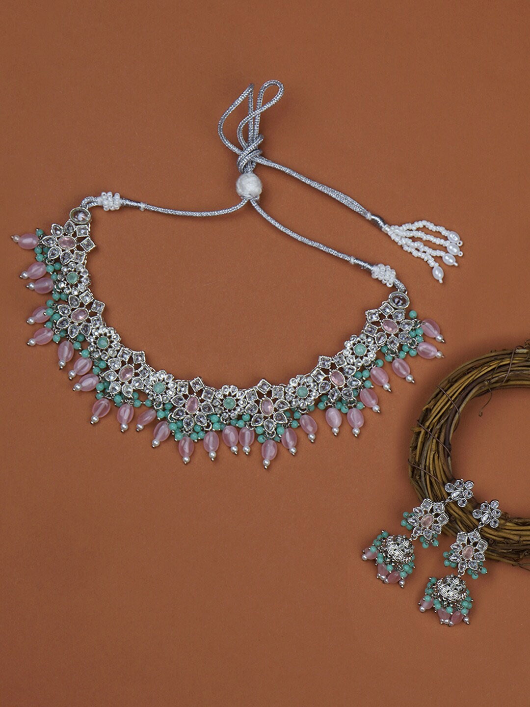 

Matushri Art Rhodium-Plated Kundan Choker Necklace Set, Pink
