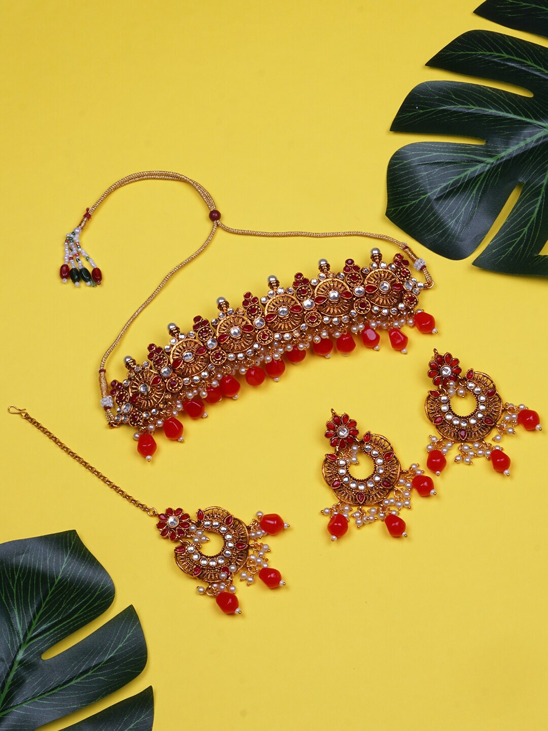 

Matushri Art Gold-Plated Kundan Necklace & Earrings With Maang Tika
