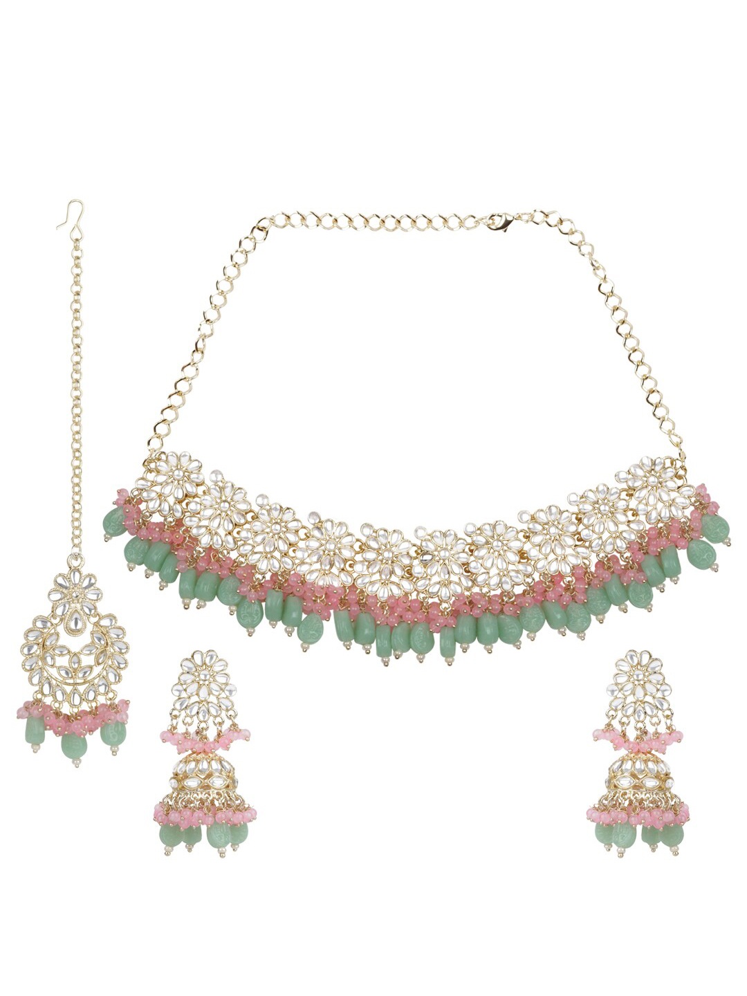 

Matushri Art Gold-Plated Kundan Necklace & Earrings With Maang Tika