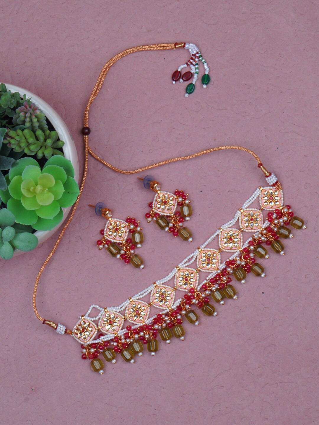 

Matushri Art Gold-Plated Kundan Choker Necklace & Earrings