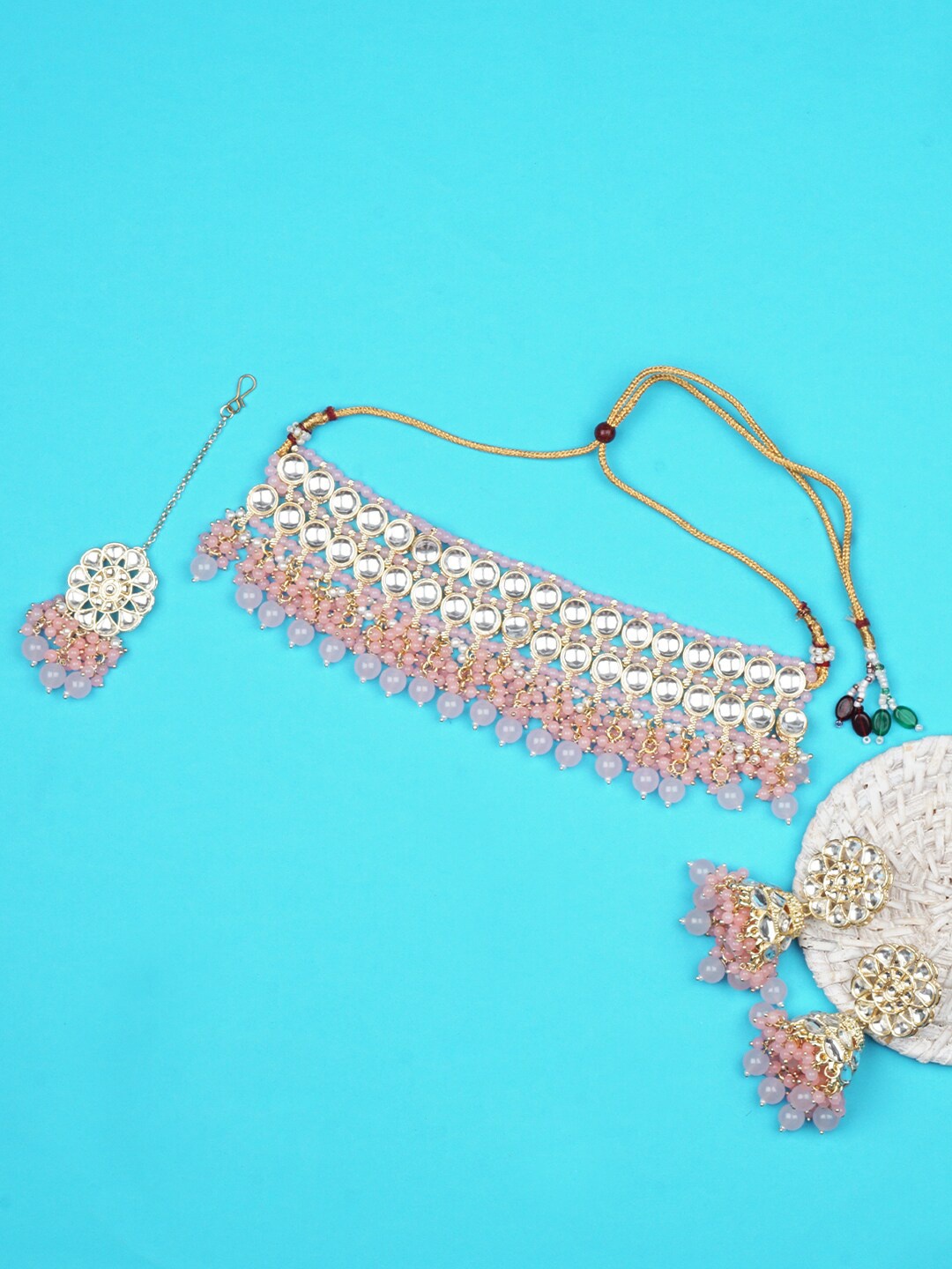 

Matushri Art Gold-Plated Kundan Necklace & Earrings With Maang Tika