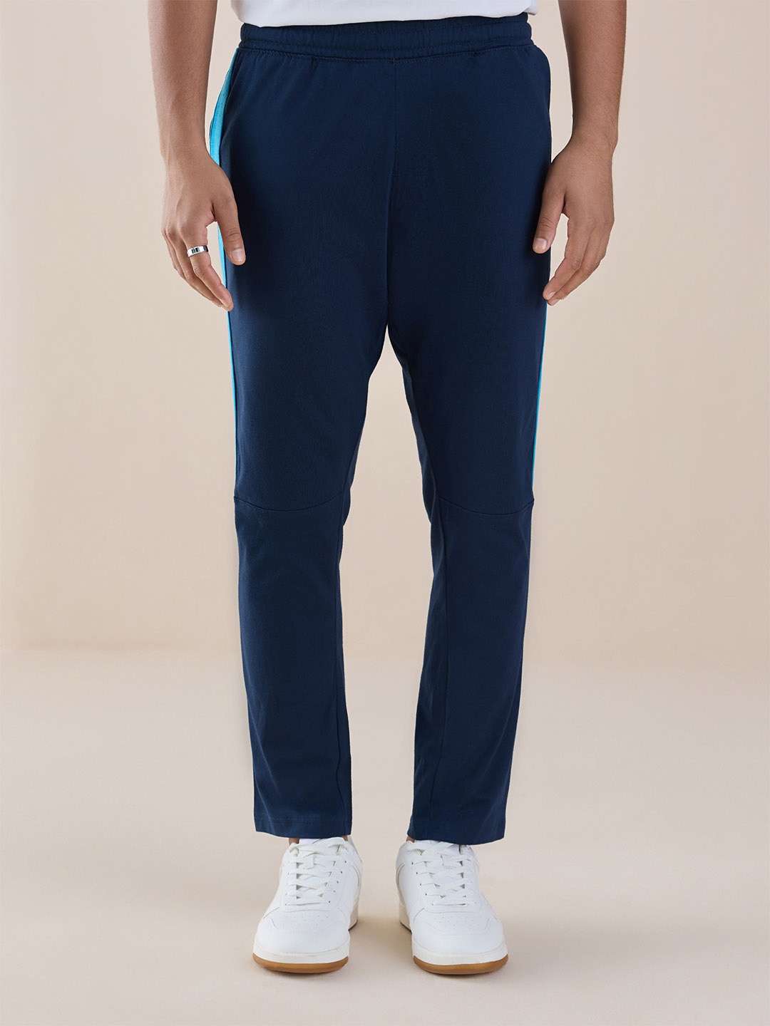 

Gloot Men Mid-Rise Moisture-Wicking Side Taped Cotton Track Pants, Navy blue