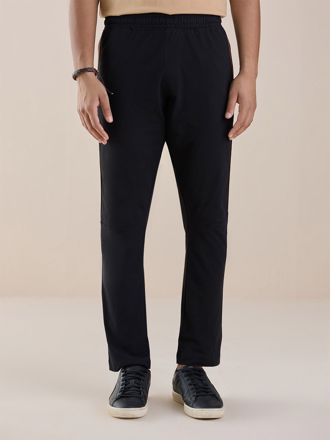 

Gloot Men Mid-Rise Moisture-Wicking Side Taped Cotton Track Pants, Black