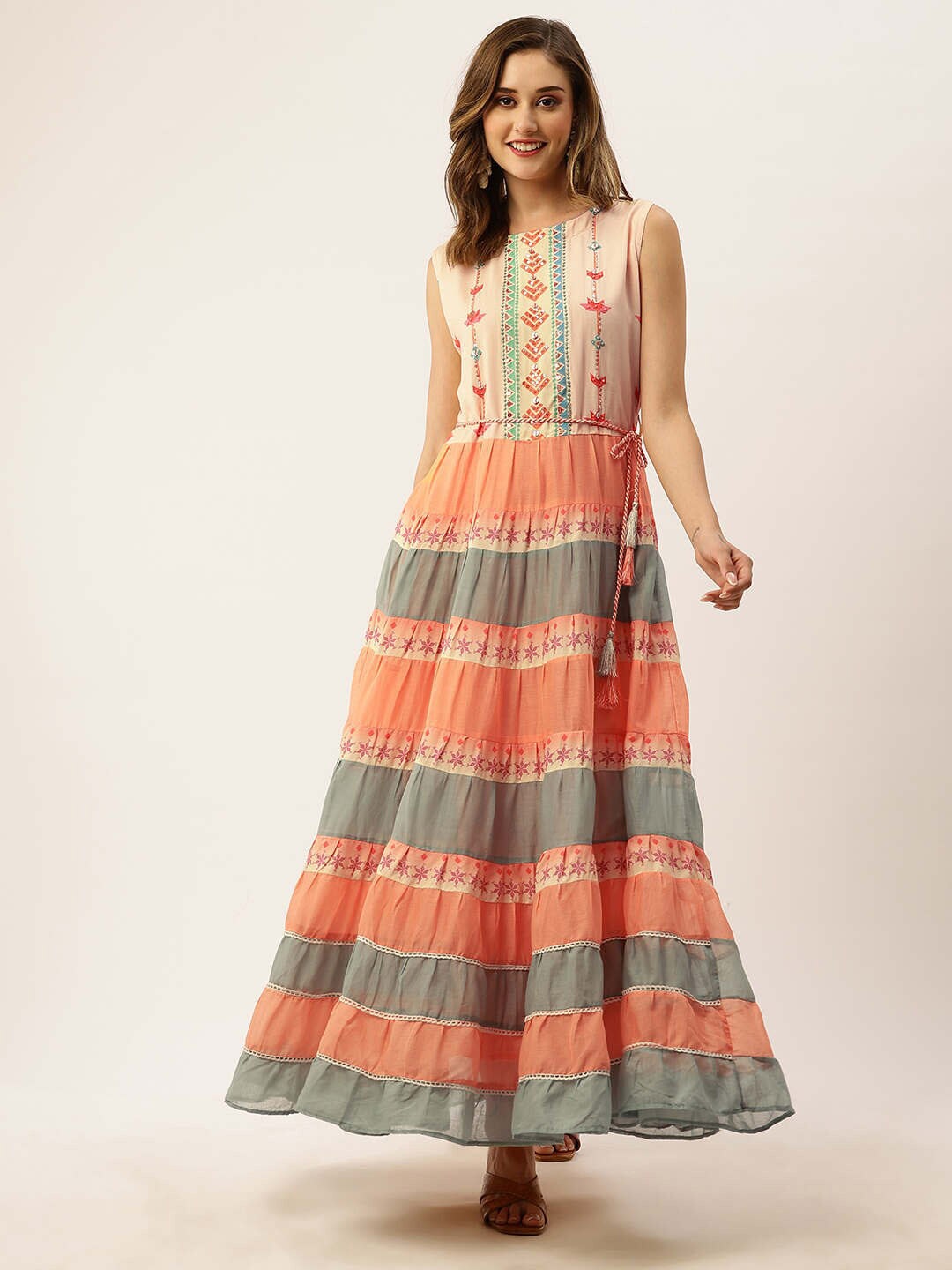 

ZOLA Ethnic Motifs Embellished Sequinned Pure Cotton Sequinned Ethnic Dress, Peach