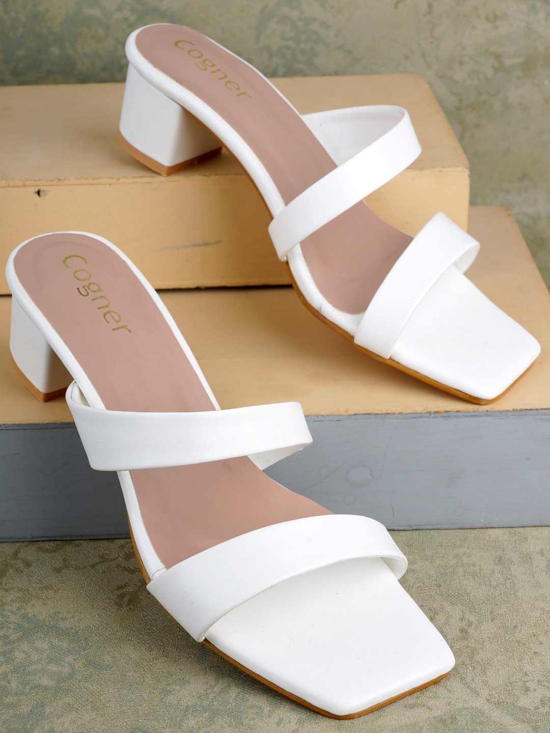 

Cogner Double Strap Block Heels, White