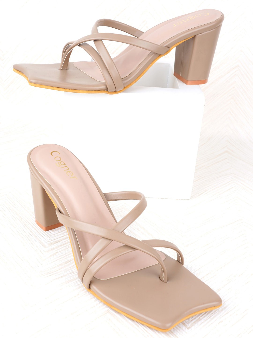 

Cogner Strappy Open Toe Block Heels, Beige