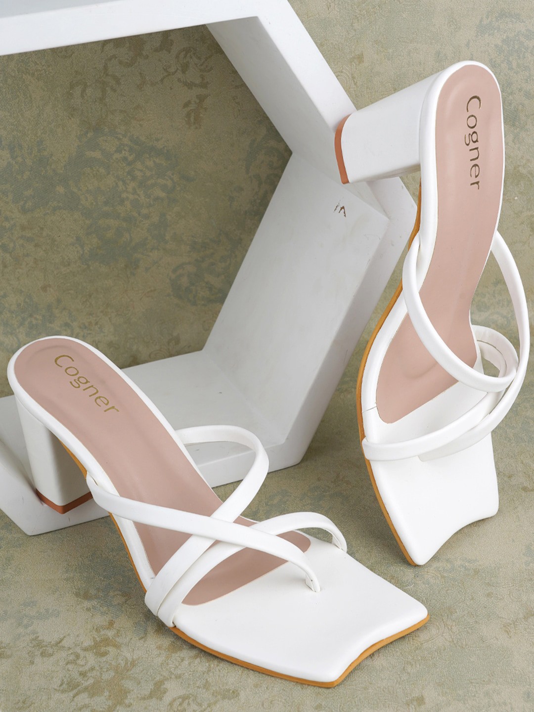 

Cogner Strappy Open Toe Block Heels, White