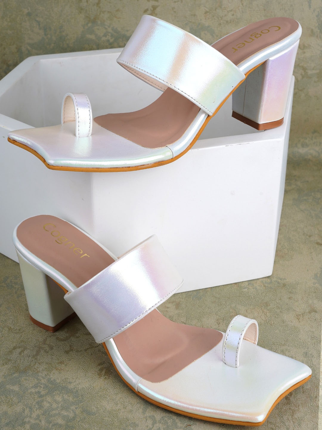

Cogner One Toe Block Heels, Cream