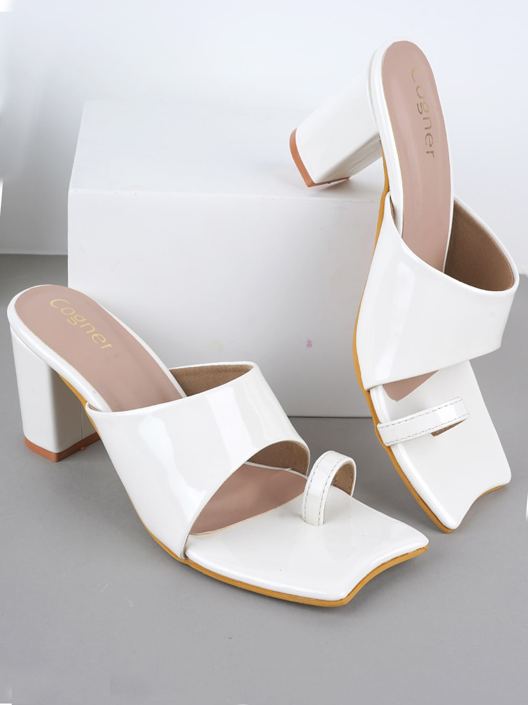 

Cogner One Toe Block Heels, White