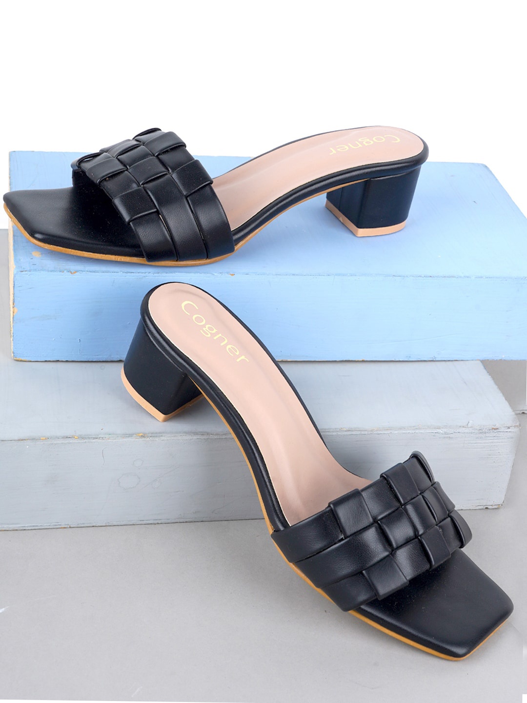

Cogner Open Toe Block Heels, Black
