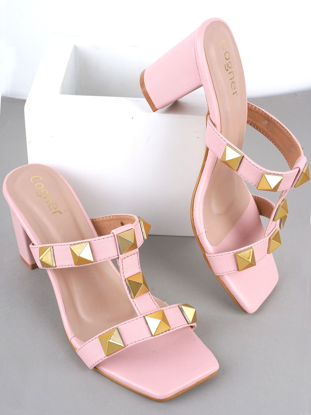 

Cogner Open Toe Embellished Block Heels, Peach
