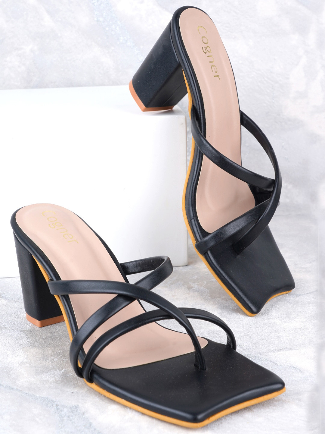 

Cogner Open Toe Block Heels, Black