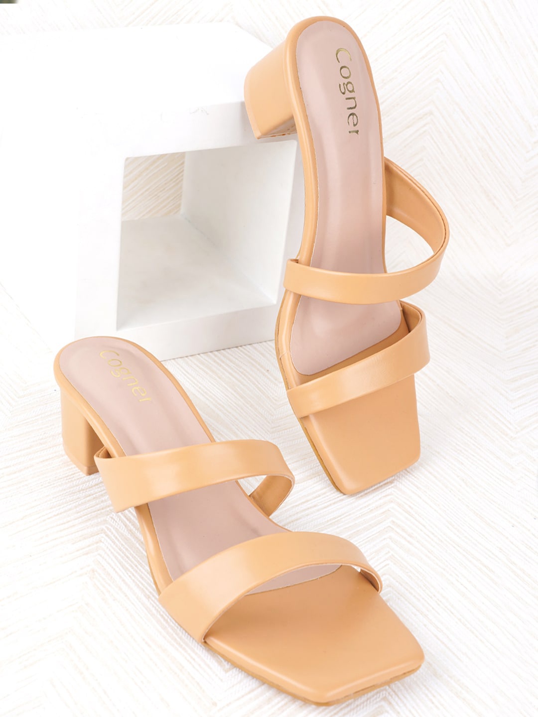 

Cogner Open Toe Block Heels, Tan
