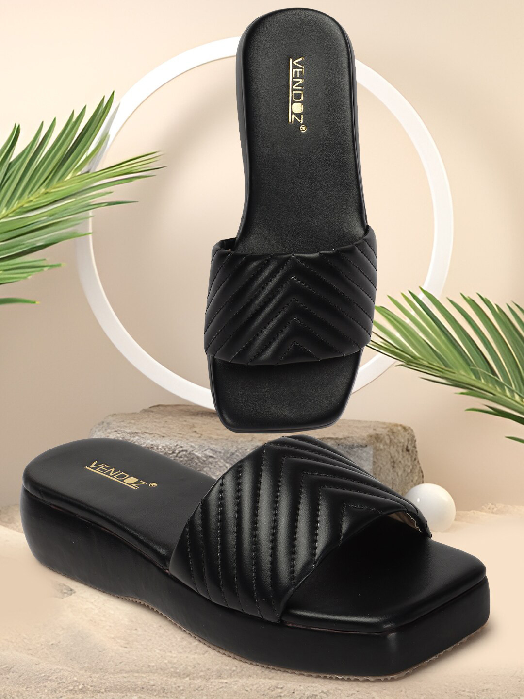 

VENDOZ Textured Open Toe Flats, Black