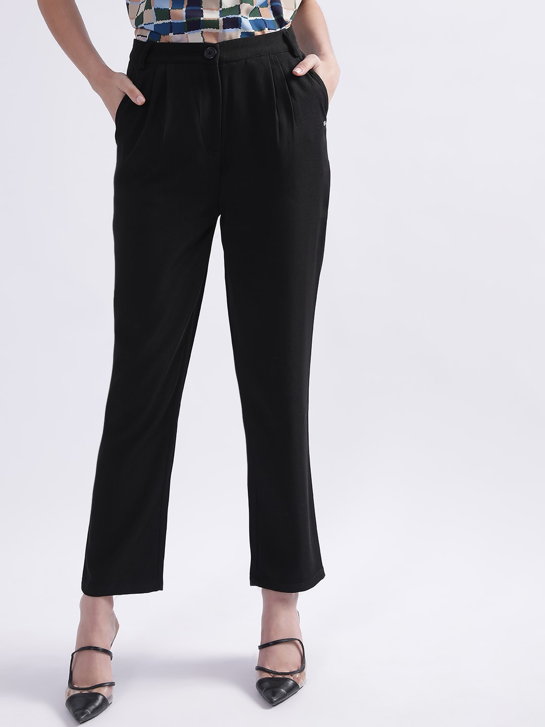 

ELLE Women Pleated Peg Trousers, Black
