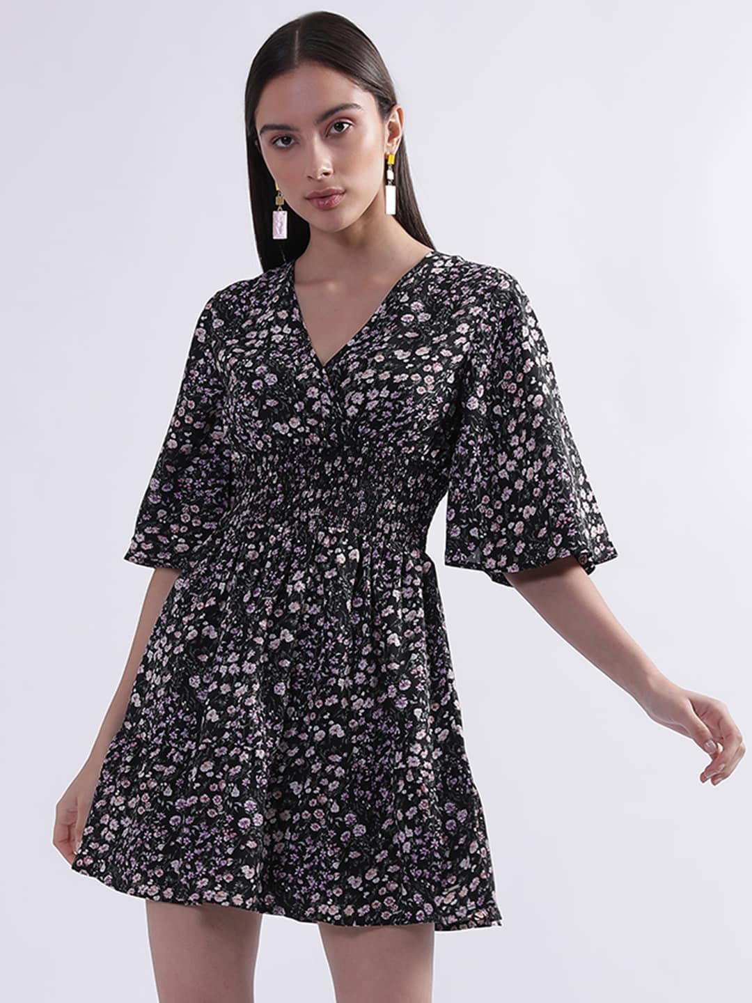 

ELLE Floral Print Flared Sleeve Fit & Flare Dress, Black