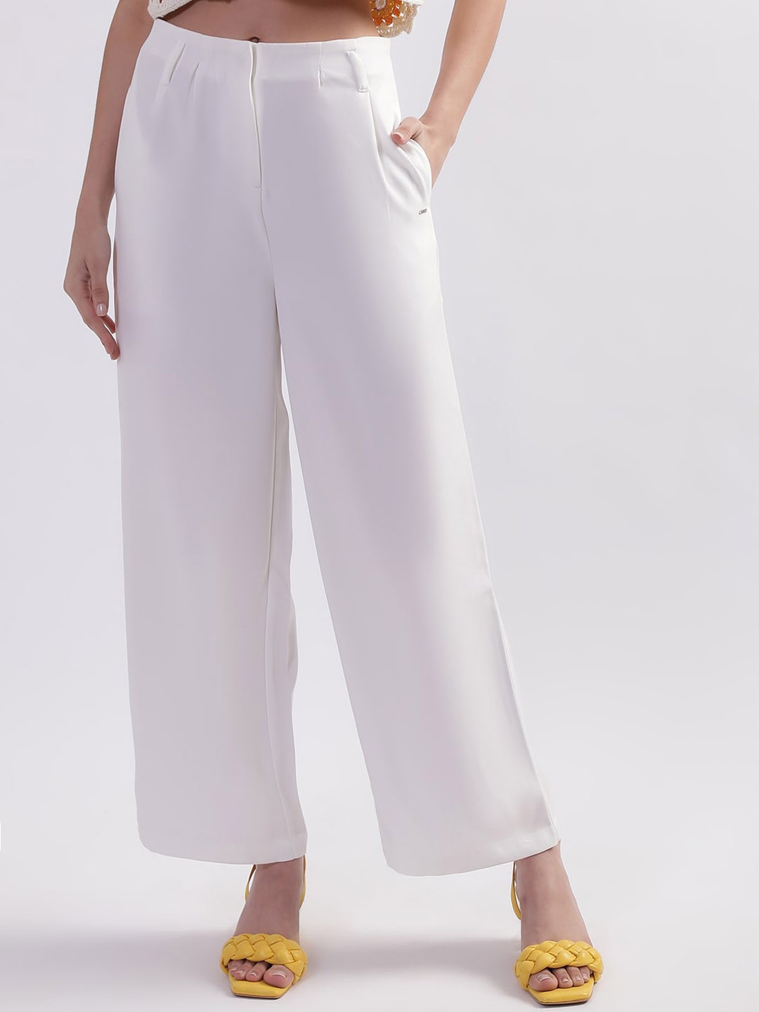 

ELLE Women High-Rise Parallel Trousers, White