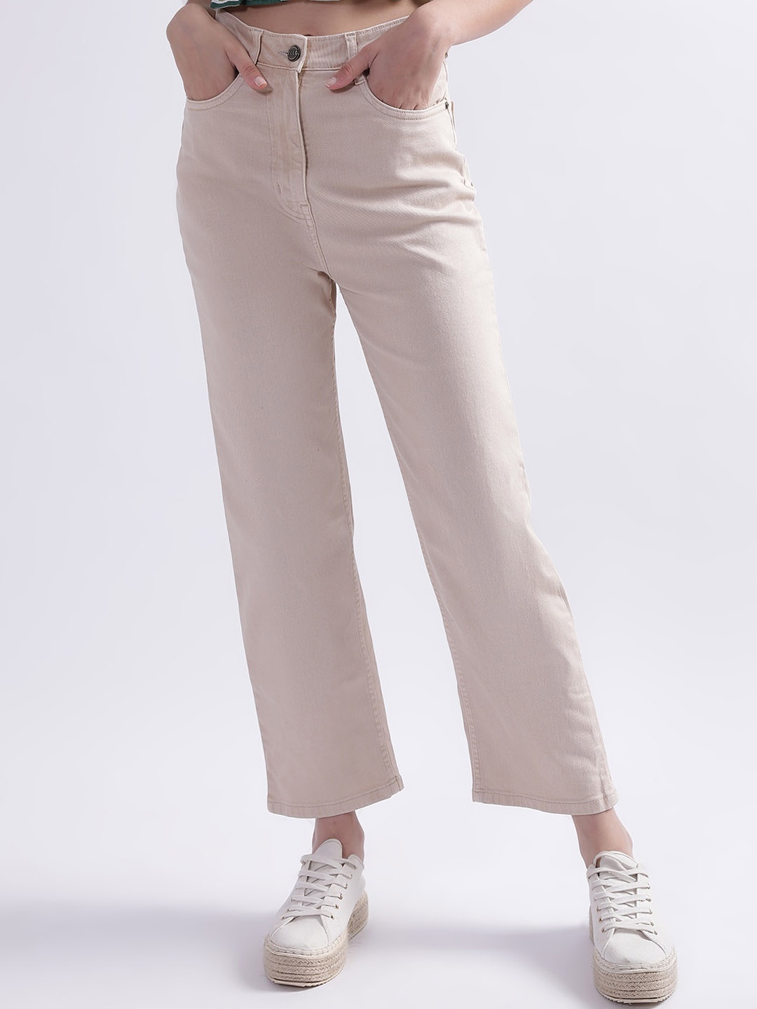 

ELLE Women High-Rise Straight Fit Stretchable Cotton Jeans, Beige