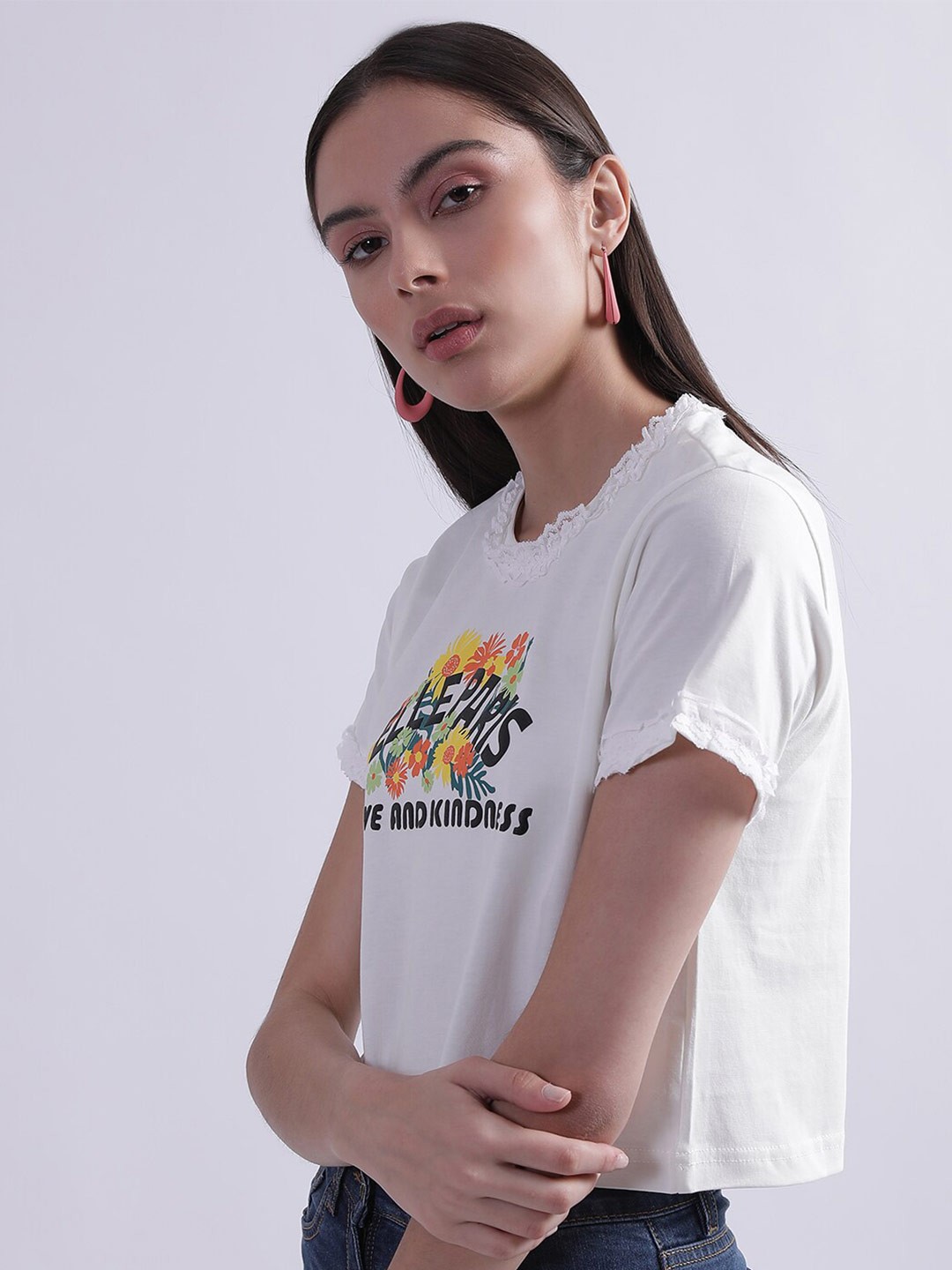 

ELLE Typography Printed Cotton T-Shirt, White