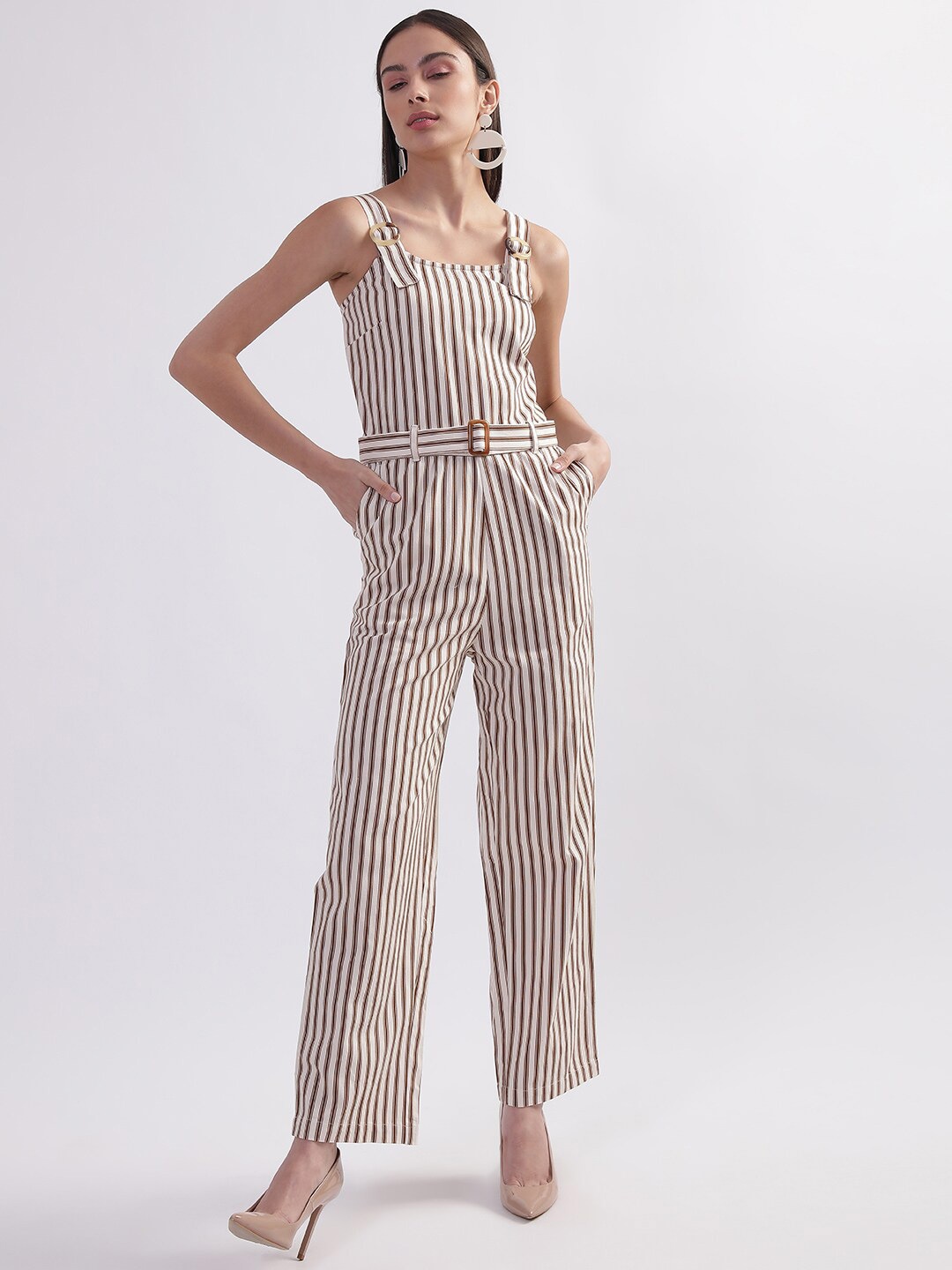 

ELLE Striped Sleeveless Cotton Basic Jumpsuit, Beige