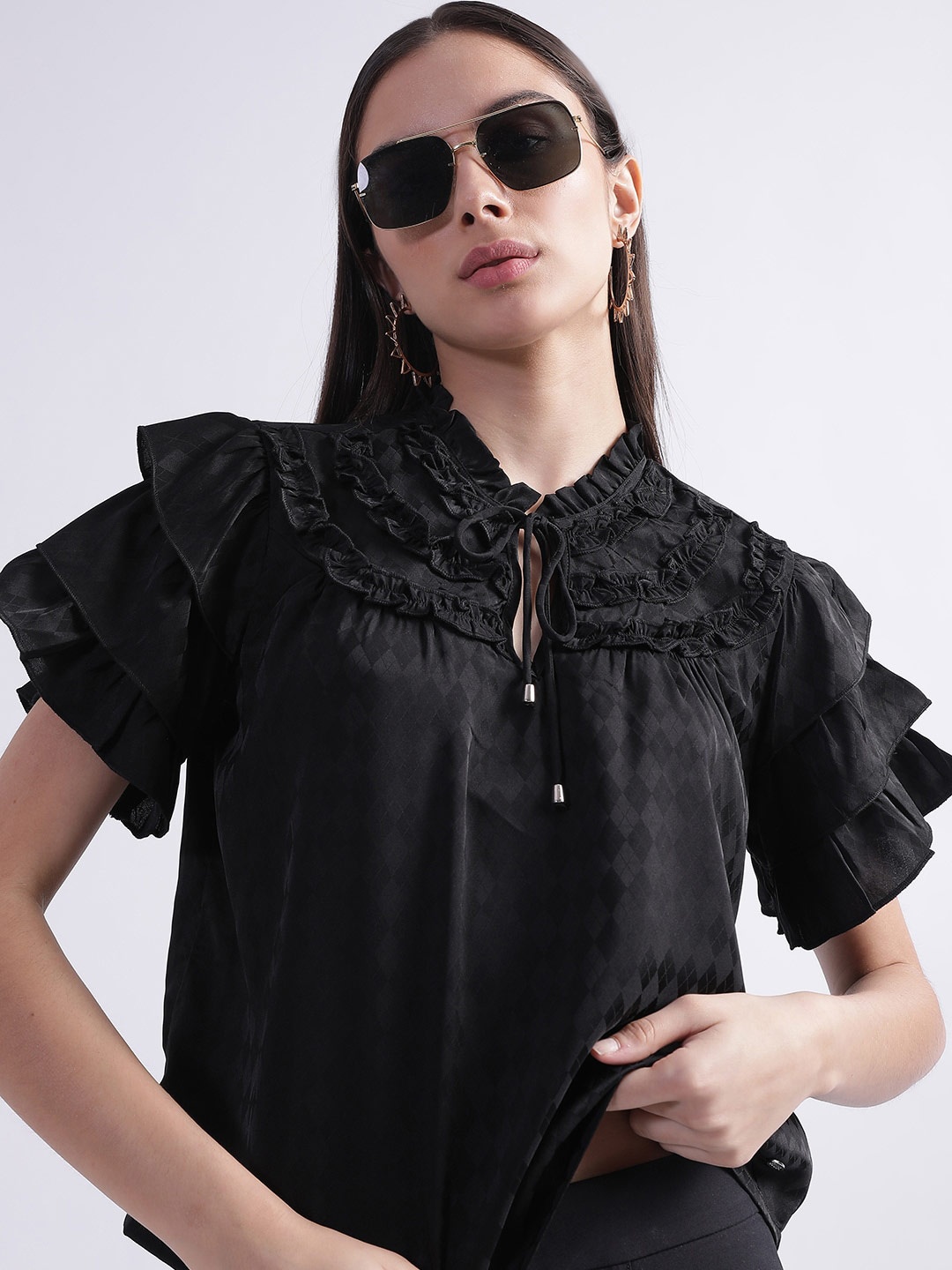 

ELLE Geometric Printed Tie-Up Neck Flutter Sleeve Top, Black