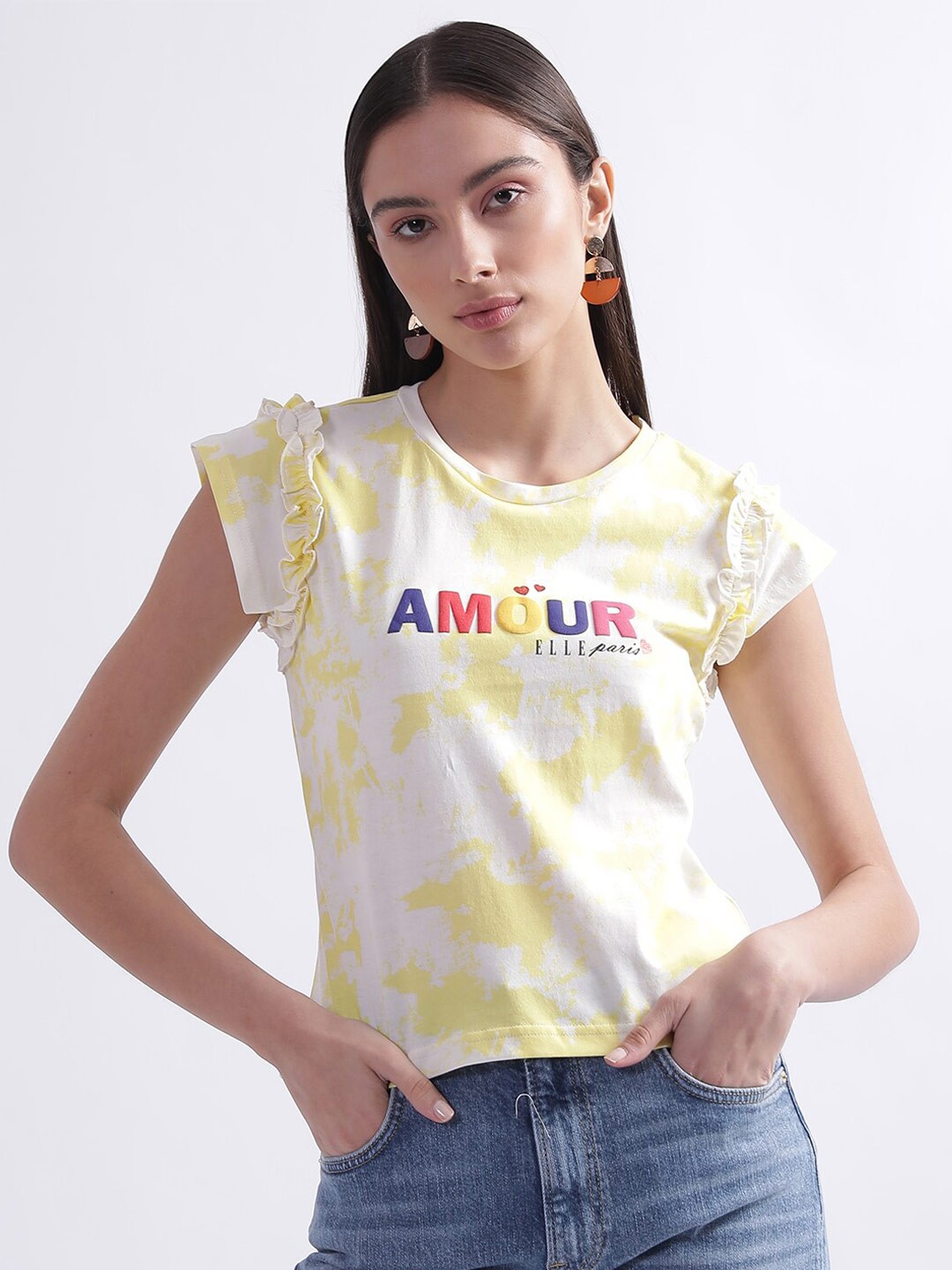 

ELLE Typography Printed Tie & Dye Cap Sleeve Cotton T-shirt, Yellow