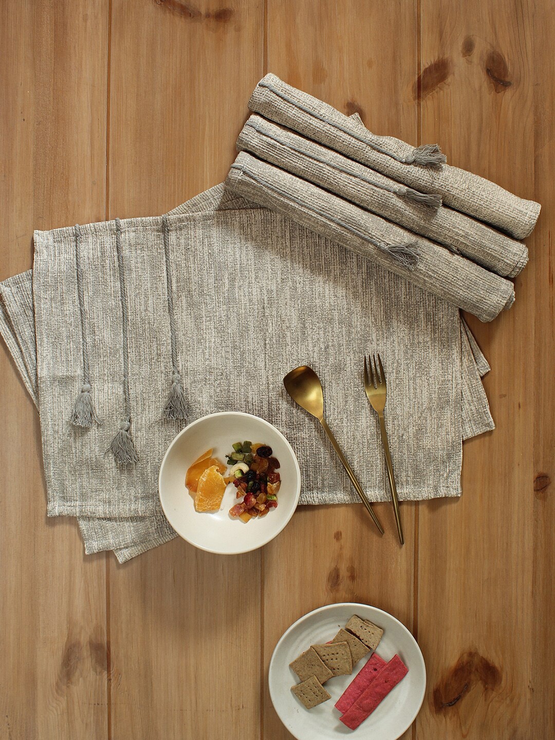 

House This 6 PC Grey Woven Tasselled Detail Cotton Table Placemat
