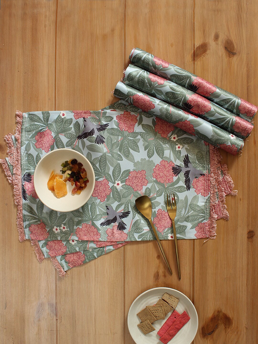 

House This Bulbul Peach & Green 6 Pcs Floral Printed Rectangular Cotton Table Placemats