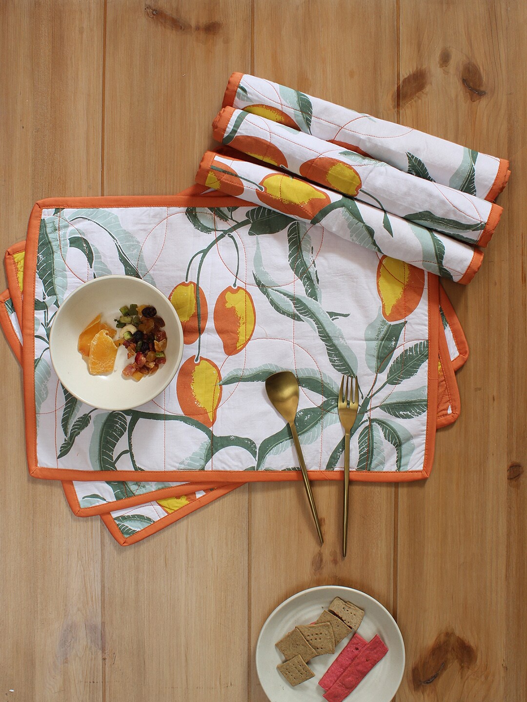 

House This 6 Pcs White & Rust Red Printed Cotton Table Placemats