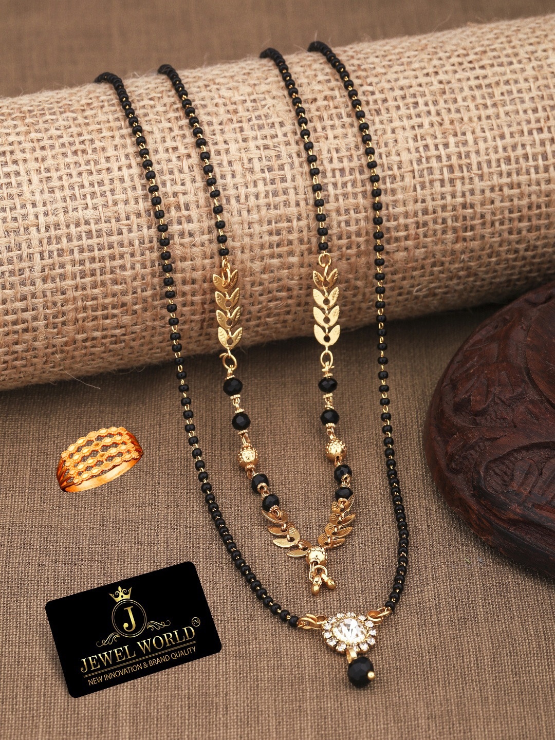 

JEWEL WORLD Set Of 3 Gold-Plated Stone-Studded & Beaded Mangalsutra With Ring