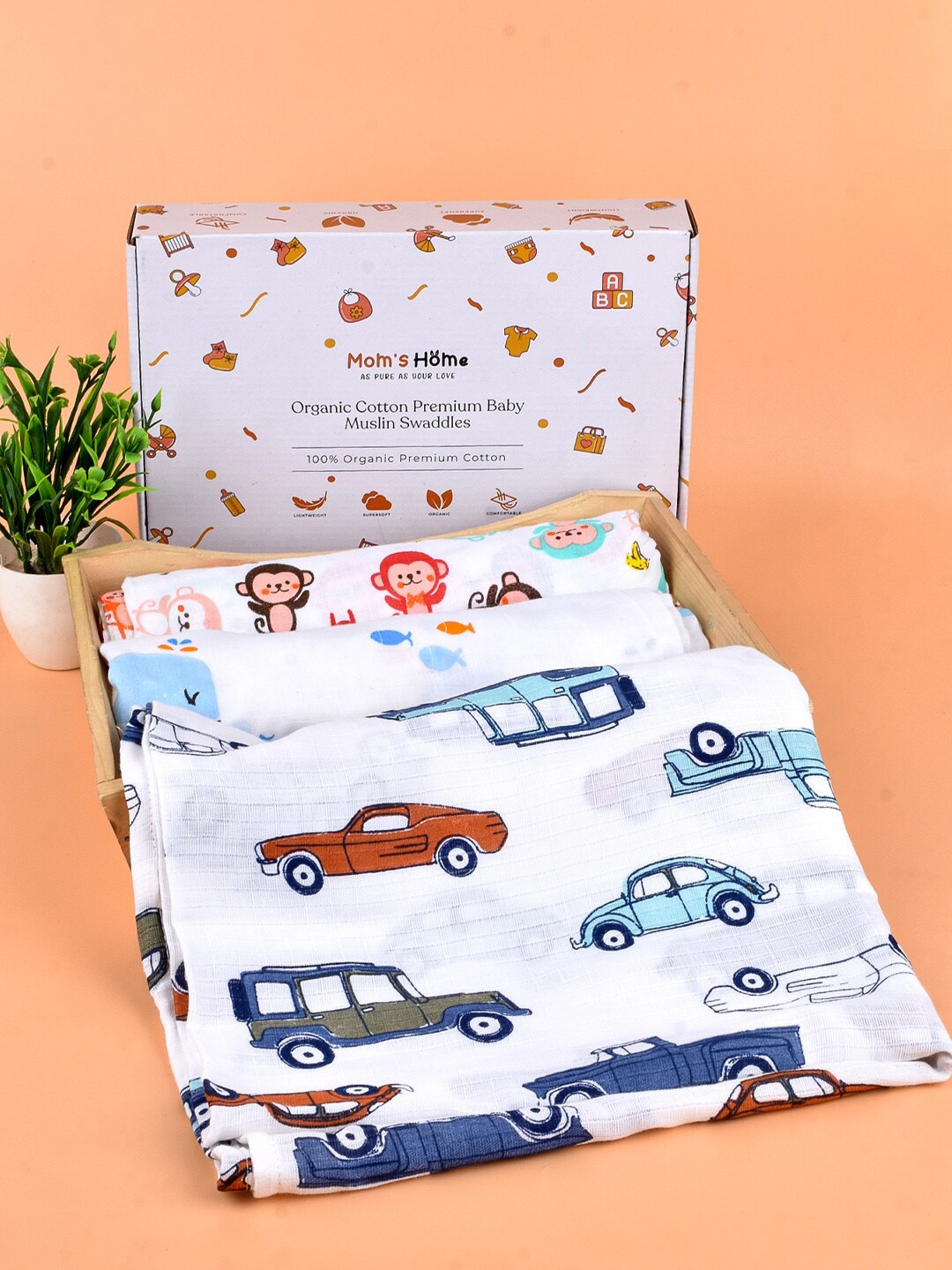

Moms Home Pack of 3 Organic Cotton Supersoft Baby Muslin Swaddle, Multi